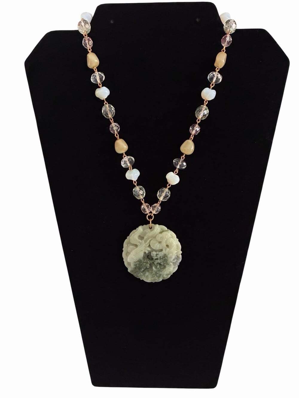 Joan Rivers Faux Jade Pendant Necklace Carved Dragon Koi Czech Vintage